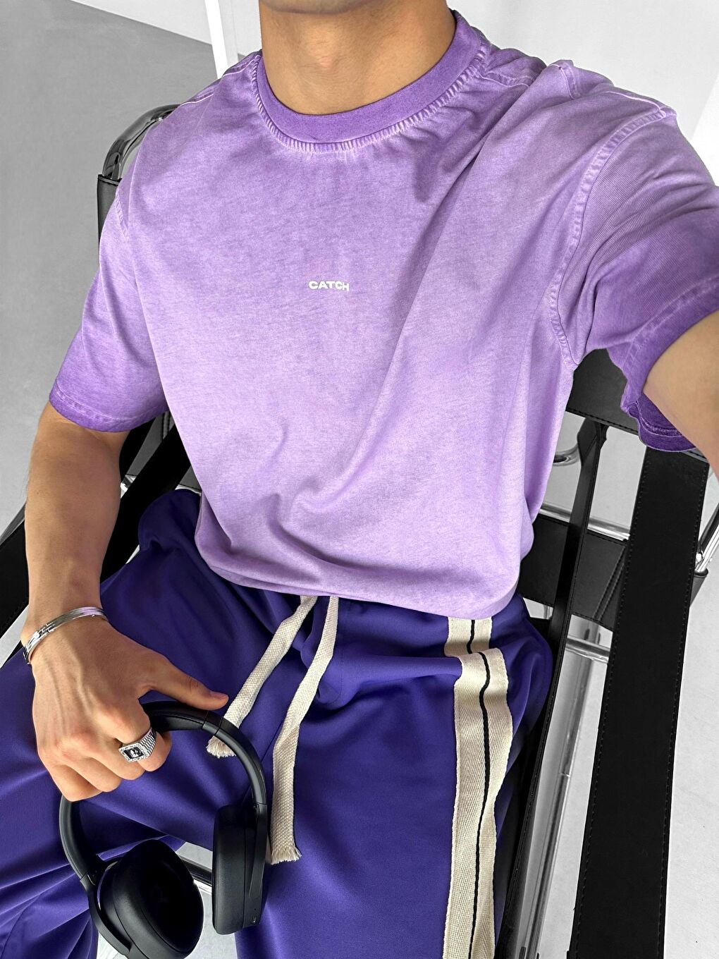 Erkek Oversize Yuvarlak Yaka Yıkamalı Catch Tişört Mor