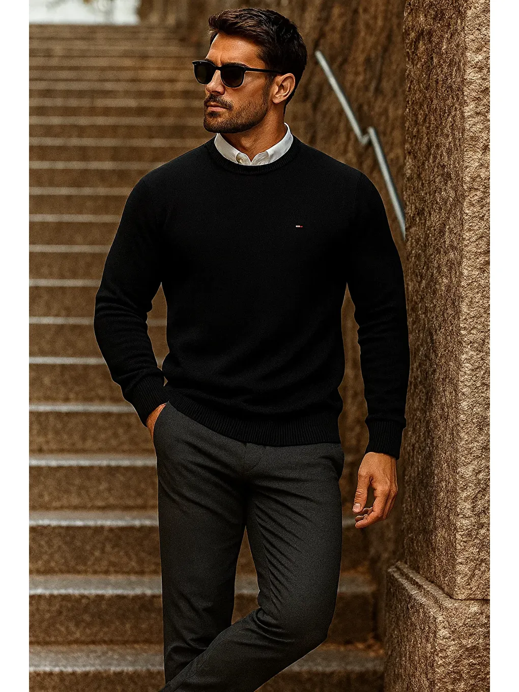 Erkek Günlük Trend Bisiklet Yaka Siyah Triko Kazak-3