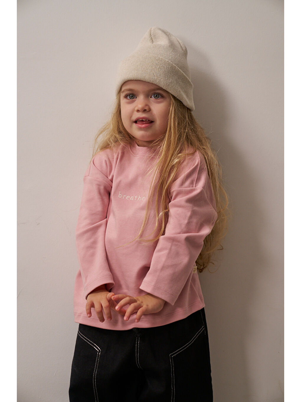 Pembe Nakışlı Oversize Uzun Kollu T-shirt-6