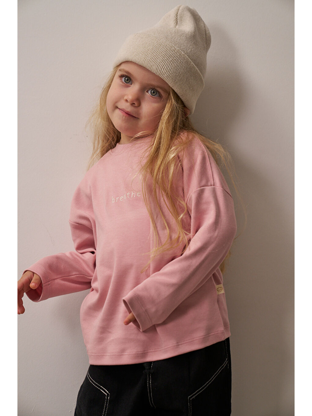 Pembe Nakışlı Oversize Uzun Kollu T-shirt-7