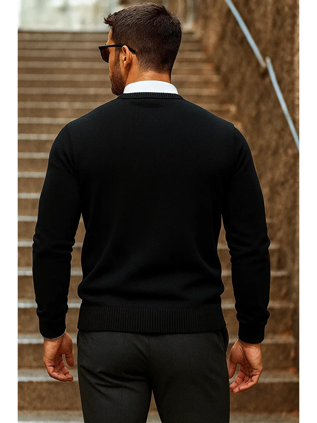 Erkek Günlük Trend Bisiklet Yaka Siyah Triko Kazak-4