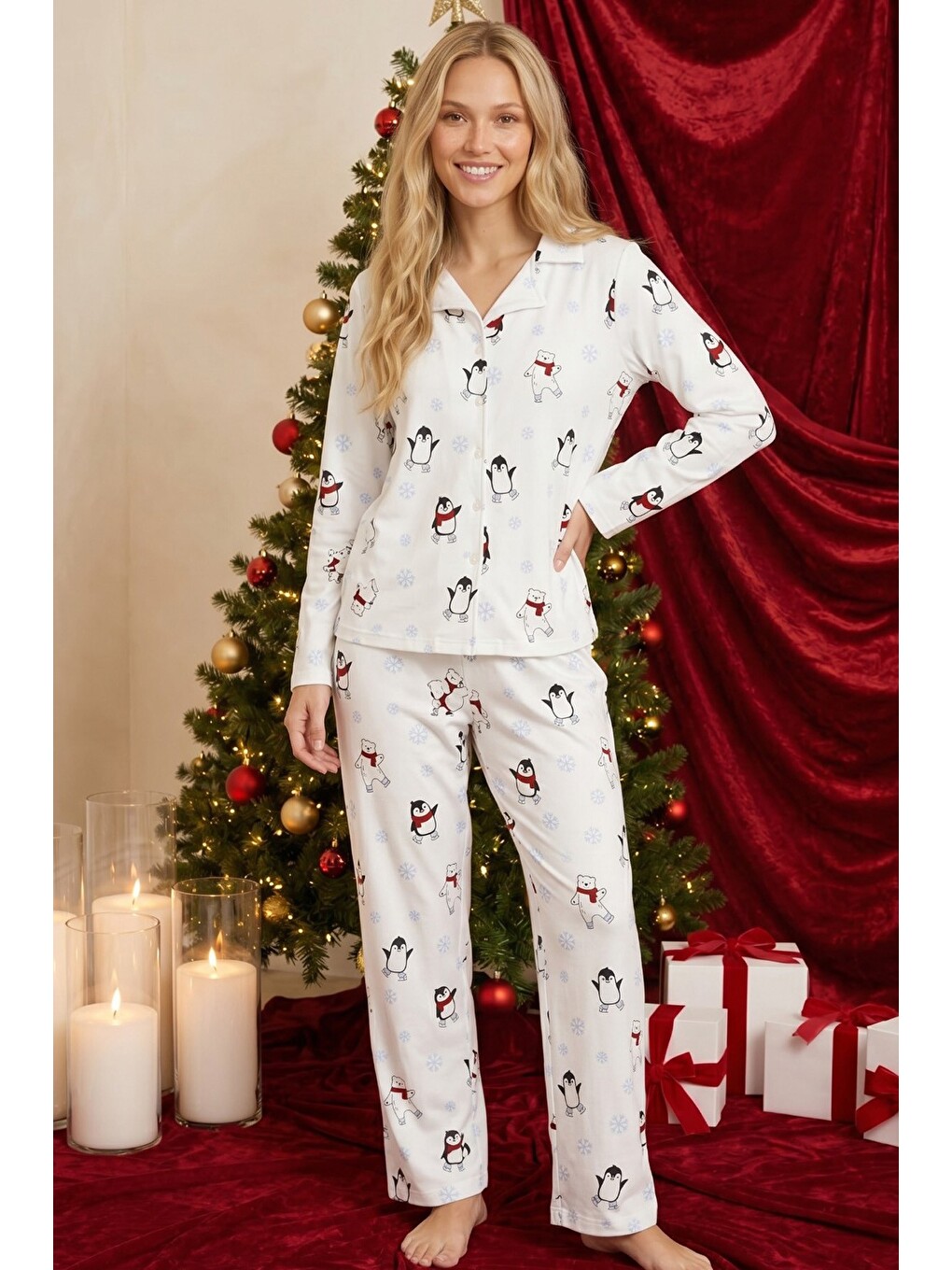 Beyaz Yılbaşı Temalı Desenli Termal Kumaşlı Ultra Soft Yumuşak Düğmeli Örme Pijama Takımı-1