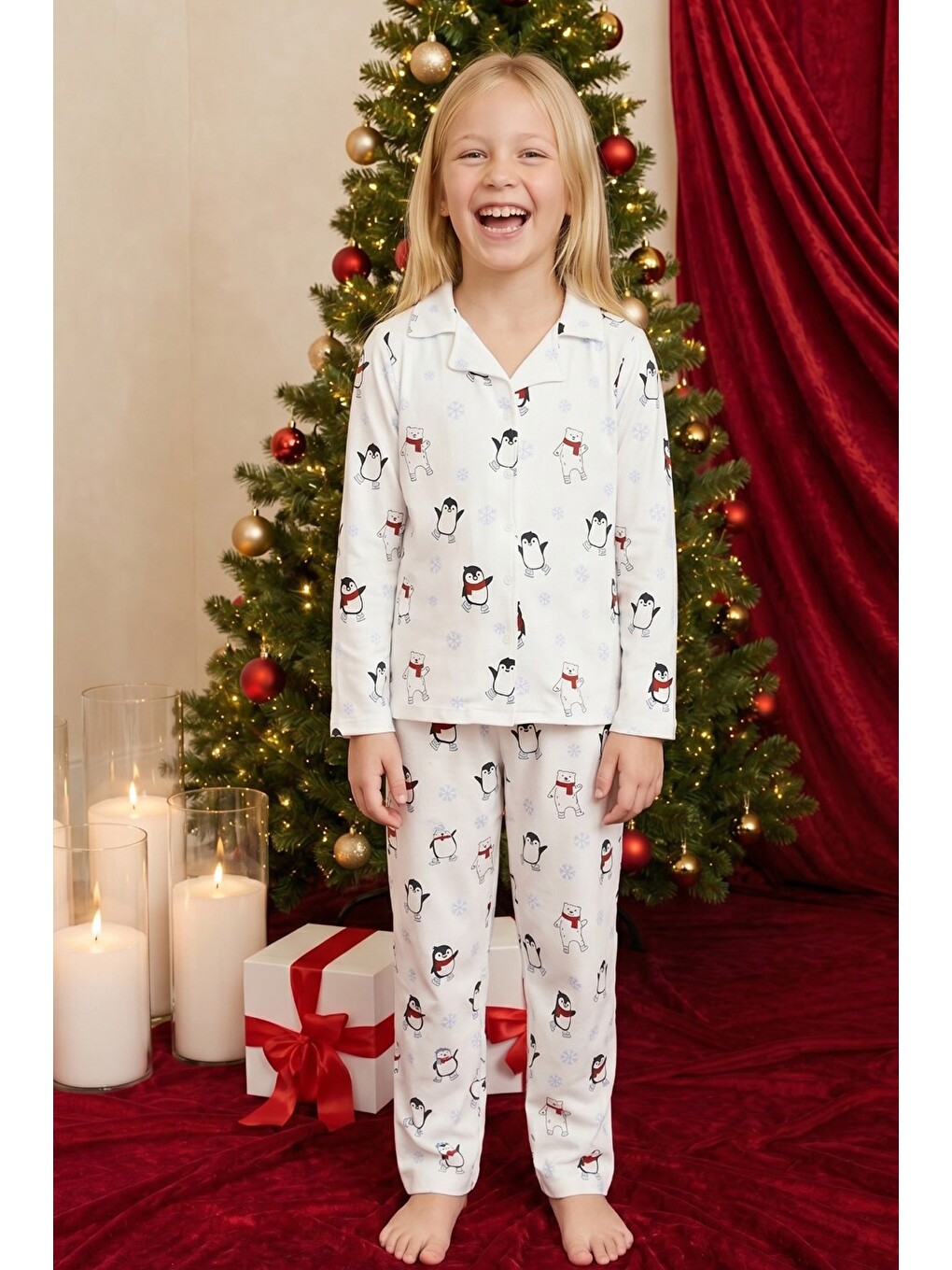 Beyaz Yılbaşı Temalı Desenli Termal Kumaşlı Ultra Soft Yumuşak Düğmeli Örme Pijama Takımı-3