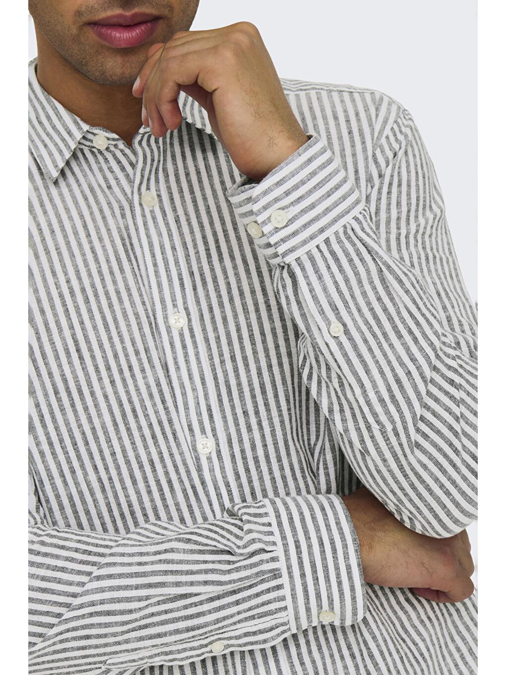 Gri Onscaiden Çizgili Pamuk ve Keten Karışımlı Slim Fit Gömlek  22026601-3