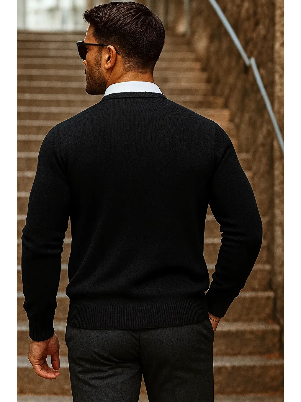 Erkek Günlük Trend Bisiklet Yaka Siyah Triko Kazak-5