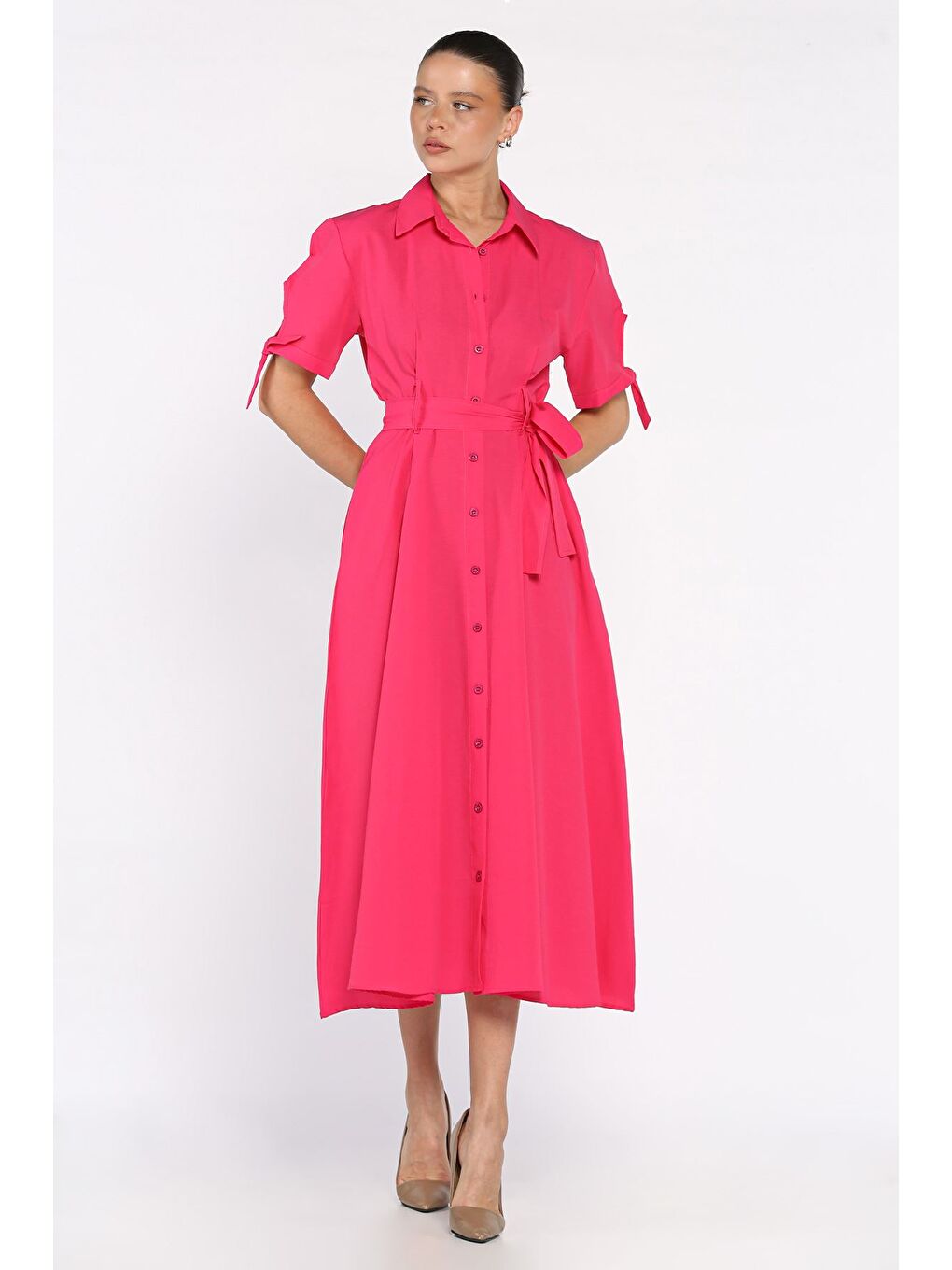 Fuşya Düğmeli Ve Pileli Kısa Kol Uzun Elbise-1