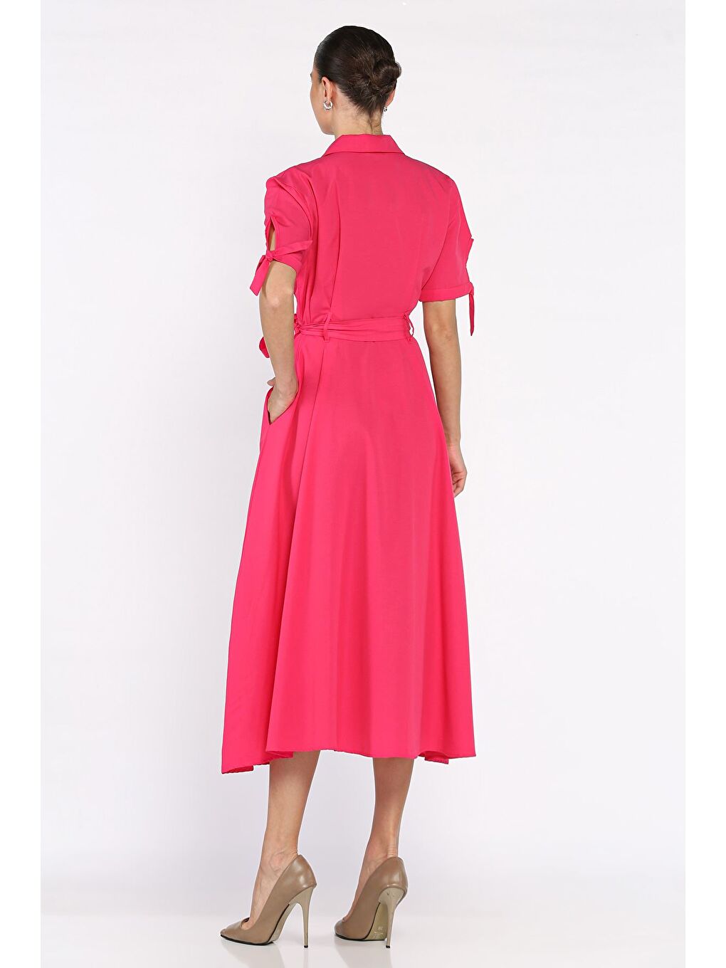Fuşya Düğmeli Ve Pileli Kısa Kol Uzun Elbise-2