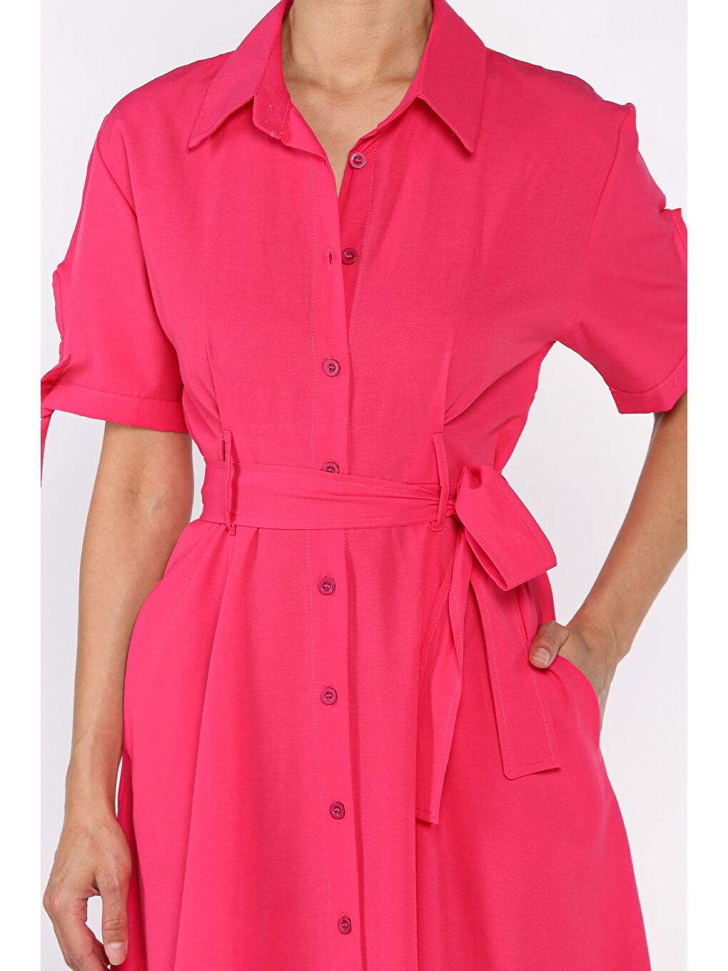 Fuşya Düğmeli Ve Pileli Kısa Kol Uzun Elbise-3