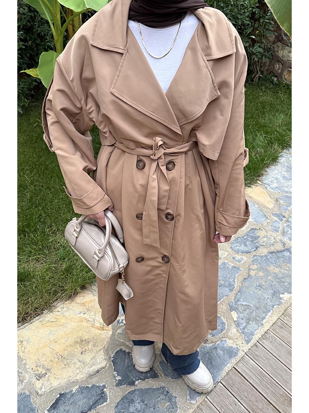 Kahverengi Uzun Apoletli Oversize Trenç Camel-2