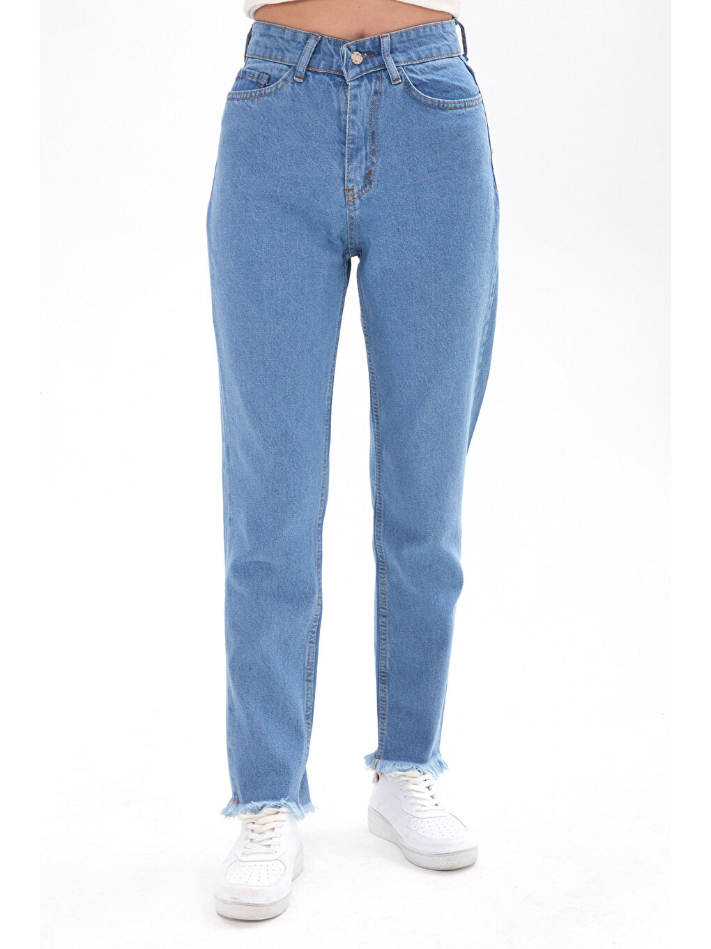 Yüksek Bel Paça Püsküllü Mom Jeans Buz Mavi - 23670-1