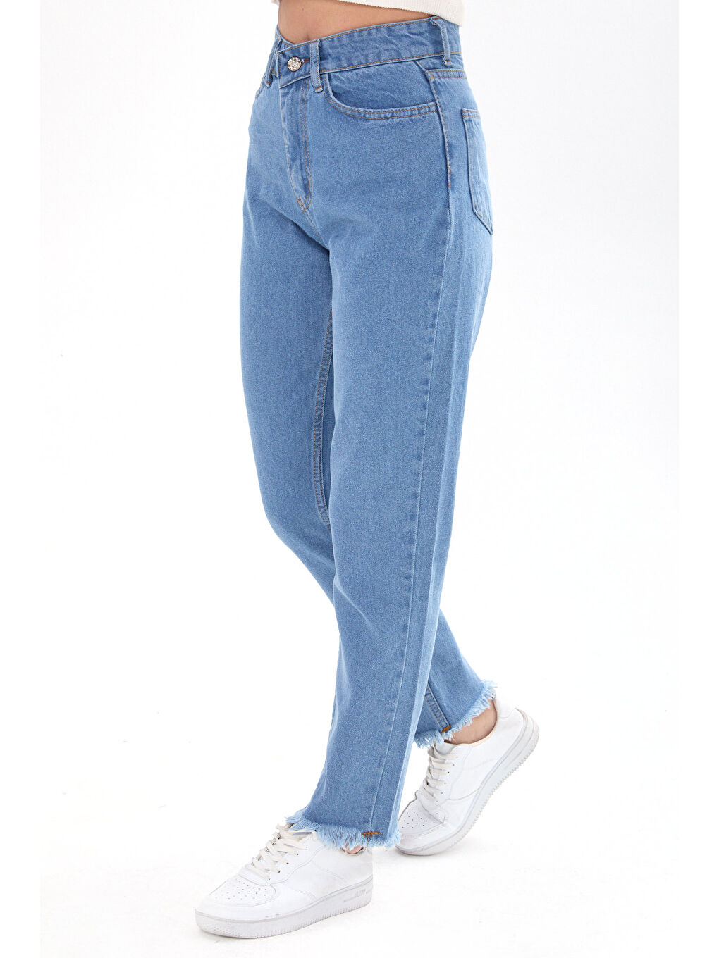 Yüksek Bel Paça Püsküllü Mom Jeans Buz Mavi - 23670-2