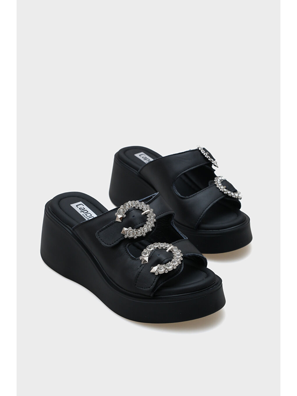 Siyah Charm Hakiki Deri Dolgu Topuklu Taşlı Çift Bantlı Konfor Kadın Terlik-1