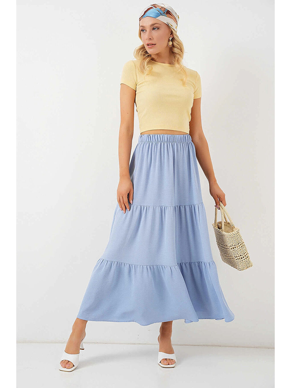 Kadın Buz Mavi Beli Lastikli Ayrobin Uzun Etek HZL25S-BD180481-2