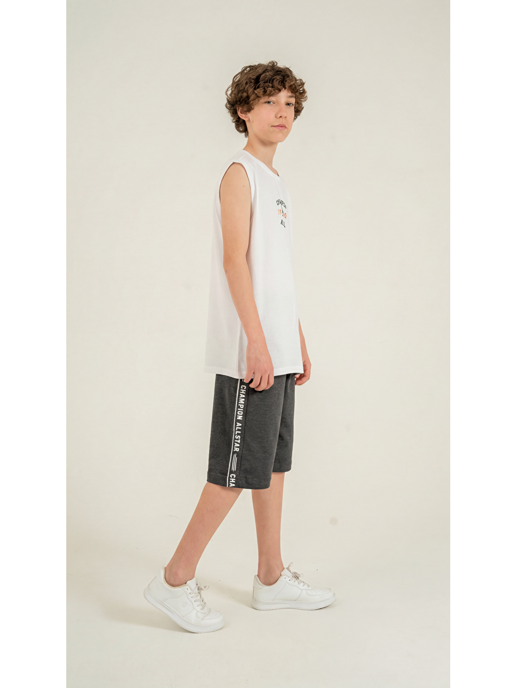 Antrasit Champion Allstar 1990 Baskılı Üst Atlet Alt Sağ Sol  Baskılı Erkek Çocuk Şort - Atlet Takımı-2