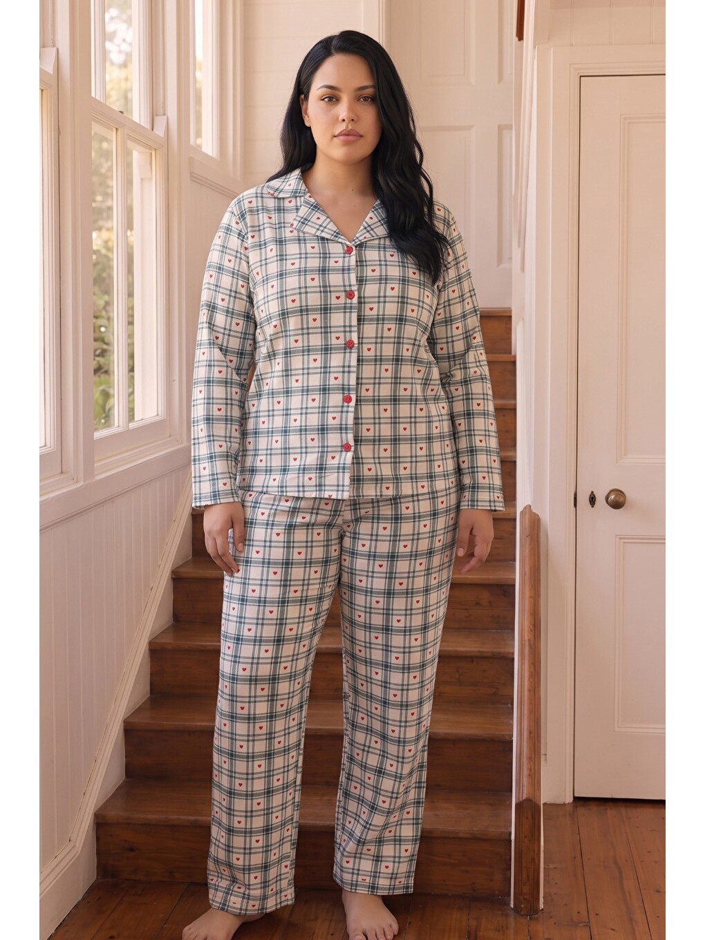 Ekru Ekose Desenli Termal Kumaşlı Ultra Soft Yumuşak Büyük Beden Battal Boy Düğmeli Örme Pijama Takımı-1