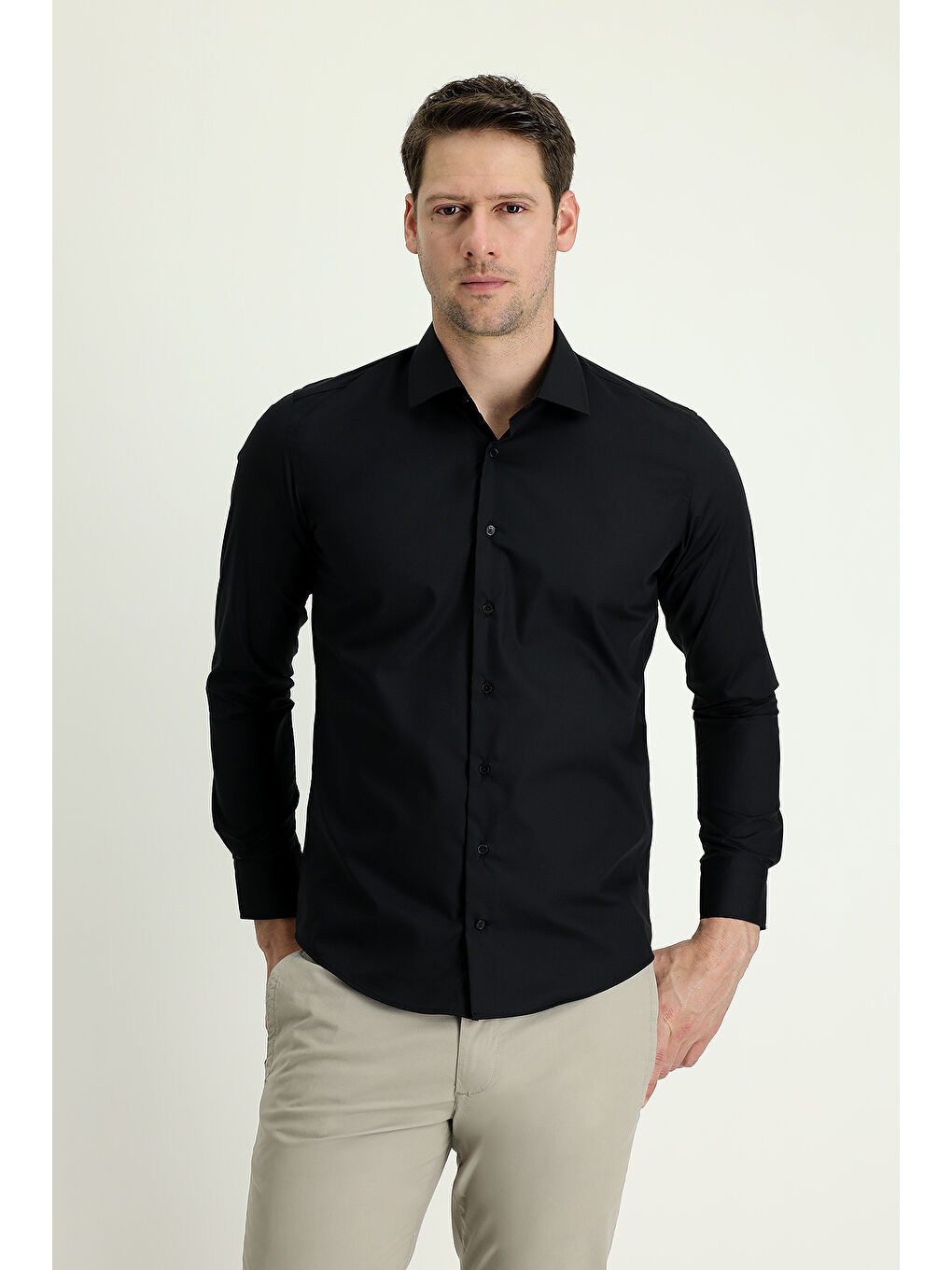 Siyah Uzun Kol Slim Fit Dar Kesim Non Iron Klasik Pamuklu Gömlek-1
