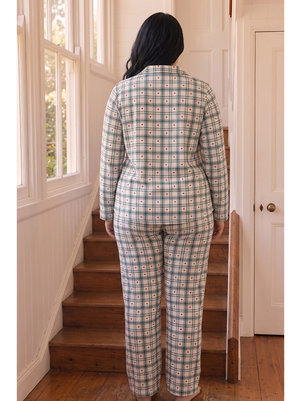 Ekru Ekose Desenli Termal Kumaşlı Ultra Soft Yumuşak Büyük Beden Battal Boy Düğmeli Örme Pijama Takımı-2