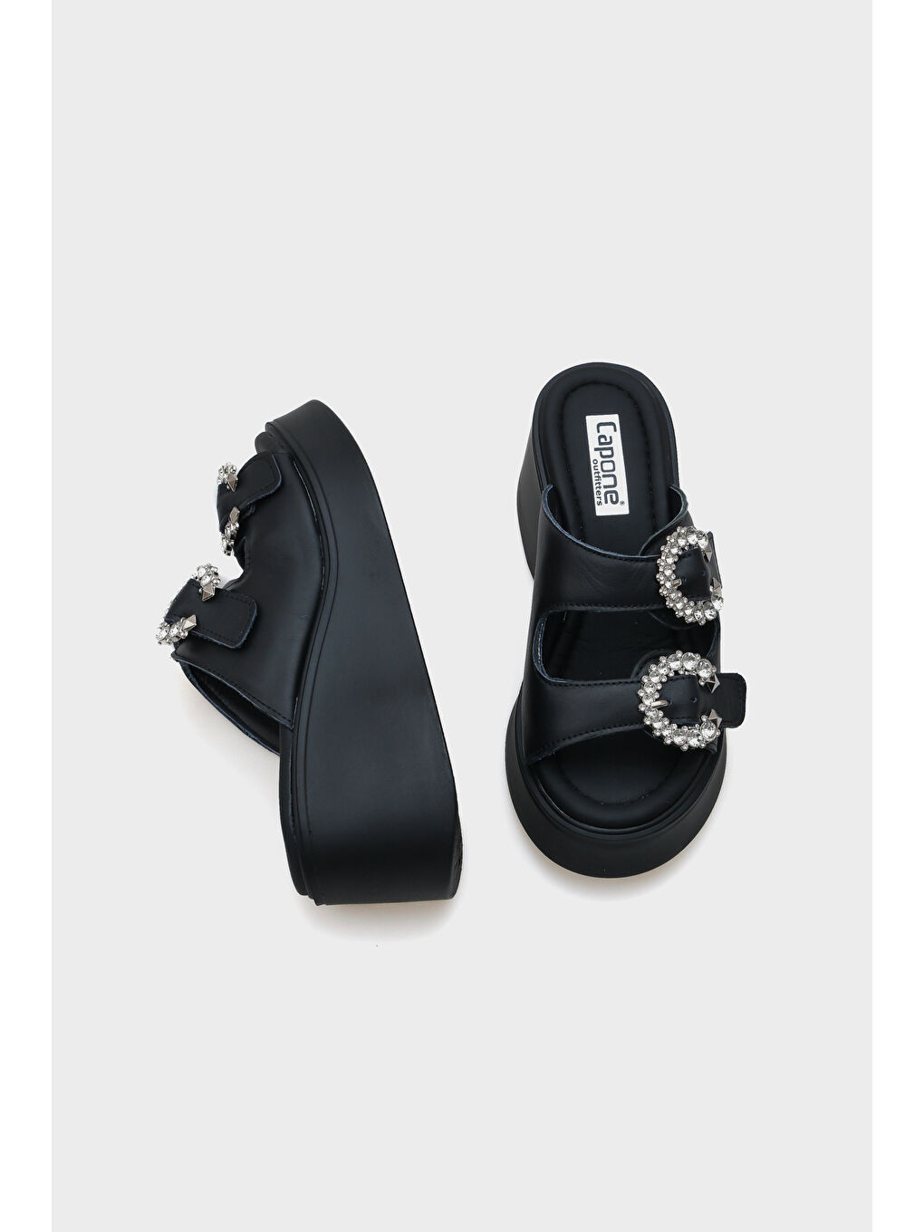 Siyah Charm Hakiki Deri Dolgu Topuklu Taşlı Çift Bantlı Konfor Kadın Terlik-4