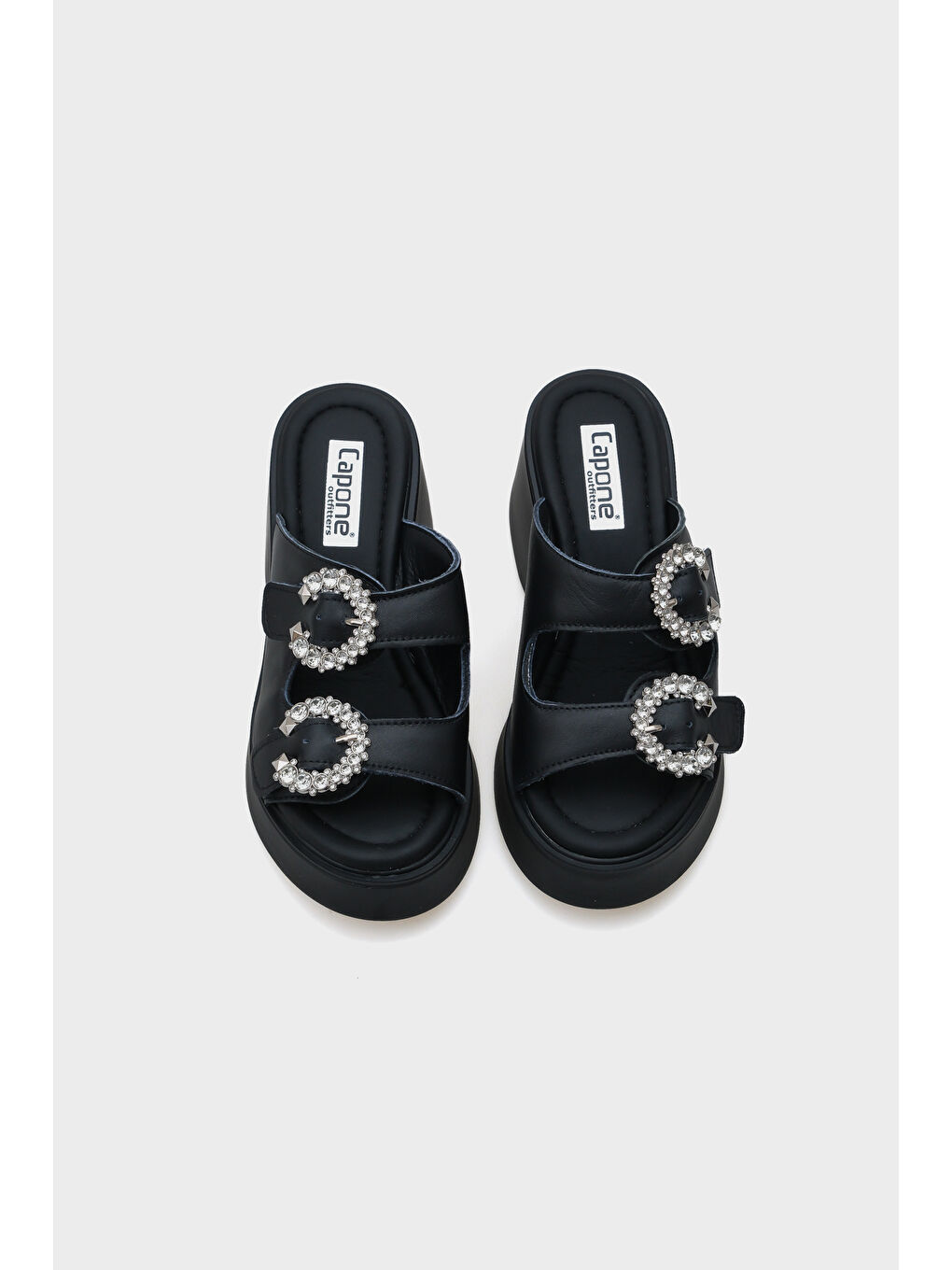 Siyah Charm Hakiki Deri Dolgu Topuklu Taşlı Çift Bantlı Konfor Kadın Terlik-5