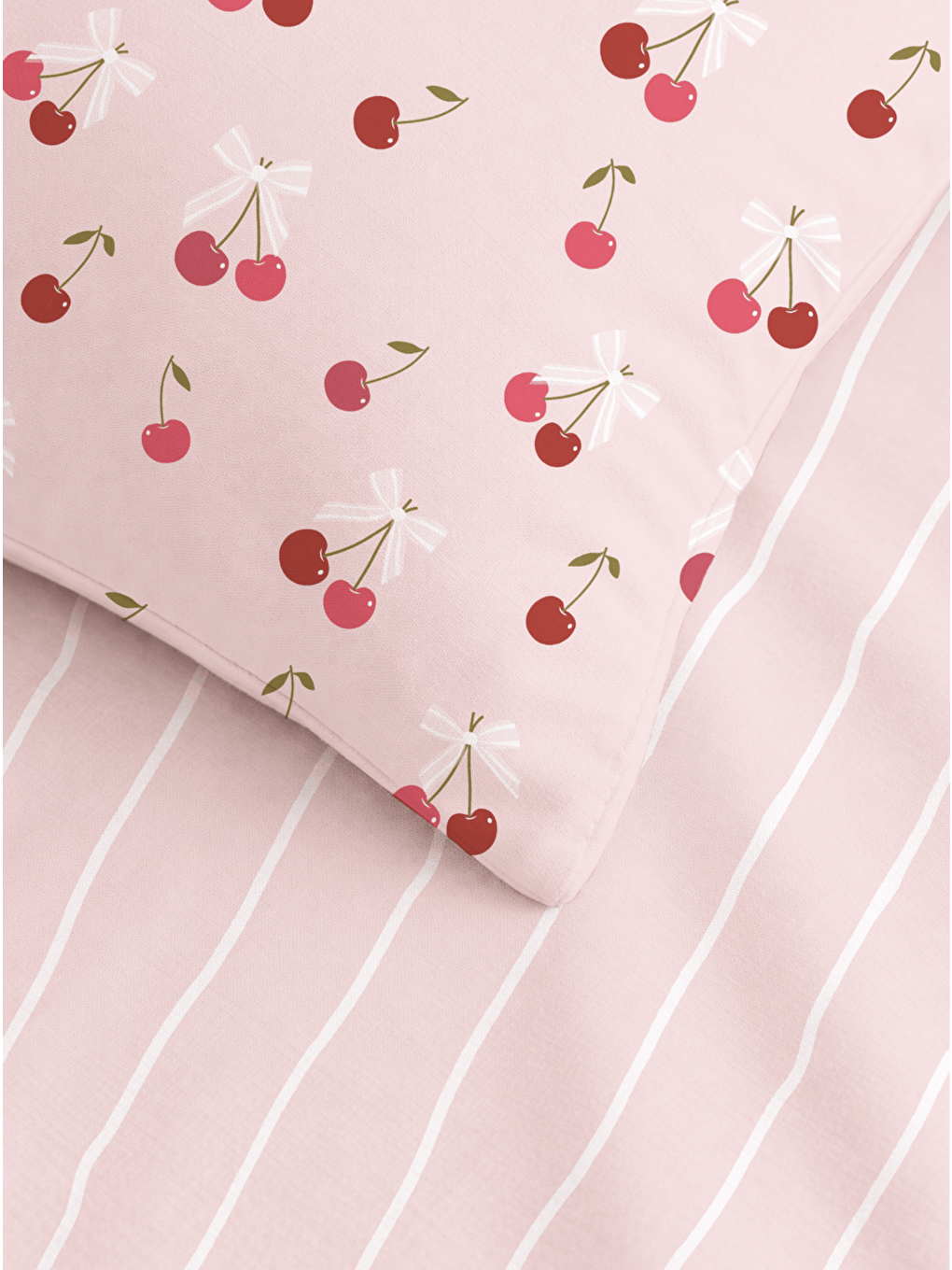Tek Kişilik Pamuklu Pembe Kiraz ve Kurdele Desenli Nevresim Takımı 160x220 cm (Çarşafsız)-2