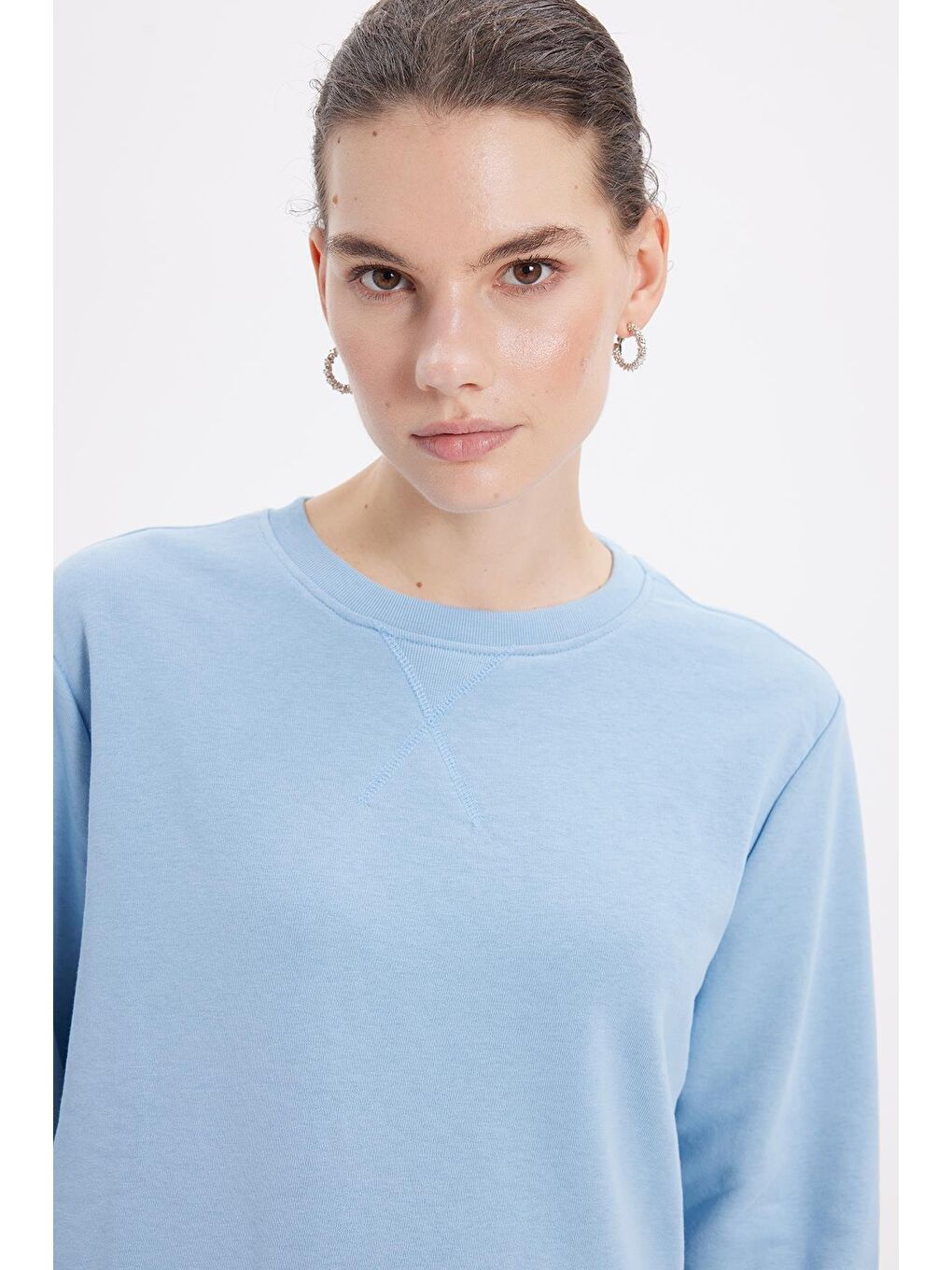 Kadın Oversize Geniş Kesim %100 Pamuk 3 İplik Basic Bisiklet Yaka Mavi Sweatshirt-1