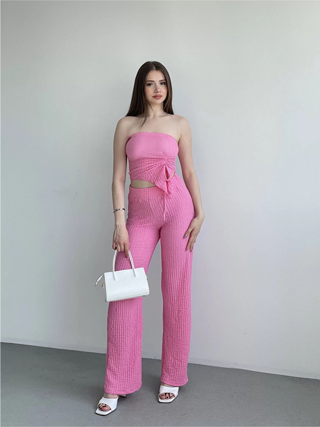Kadın Pembe Beli Lastilkli Gofre Kumaş Pantolon HZL24S-ZK13261-1