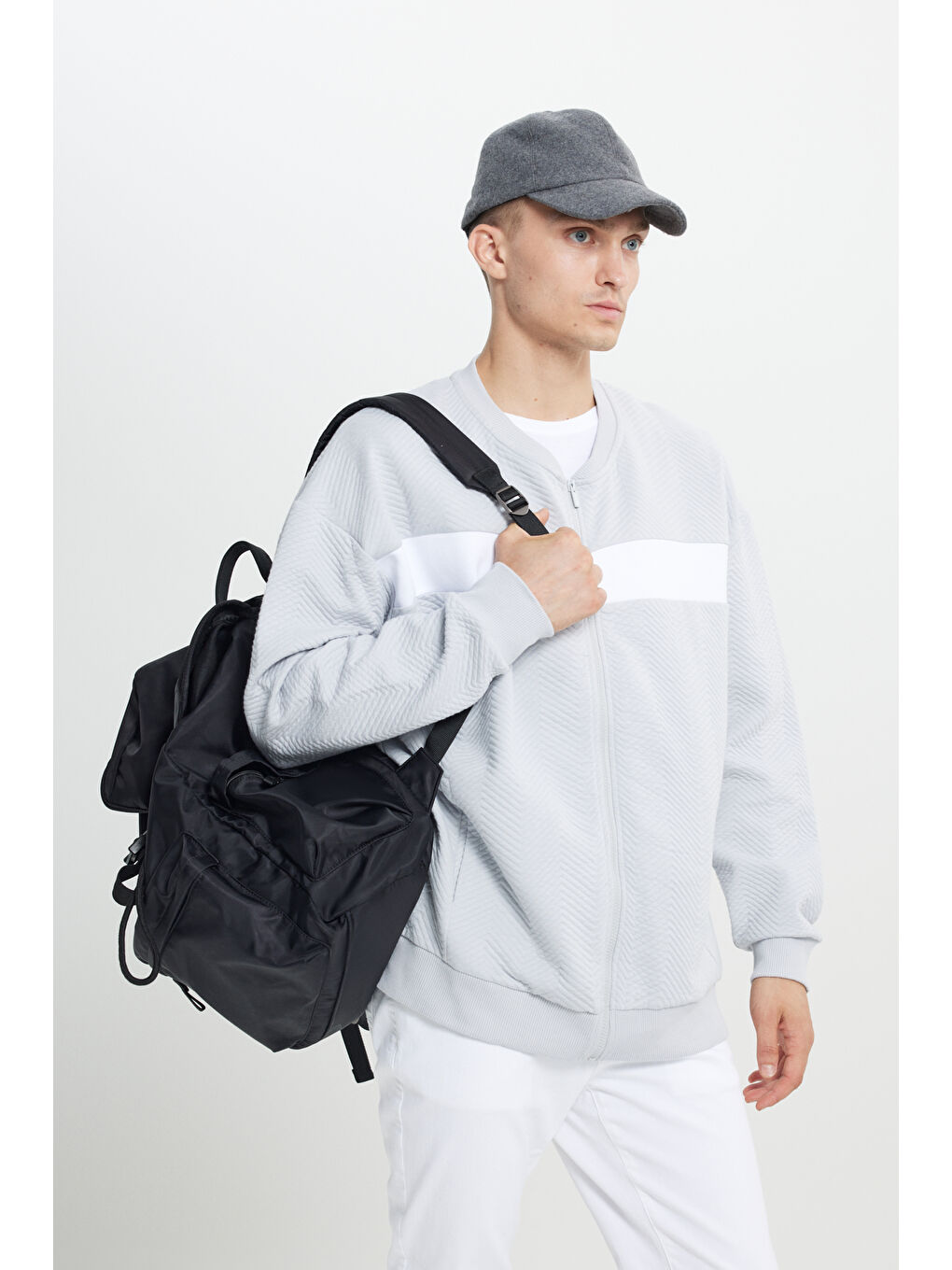 Açık Gri Oversize Bol Kesim Kolej Yaka Desenli Erkek Fermuarlı Sweatshirt Hırka