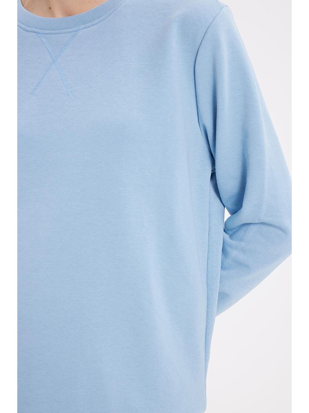 Kadın Oversize Geniş Kesim %100 Pamuk 3 İplik Basic Bisiklet Yaka Mavi Sweatshirt-2