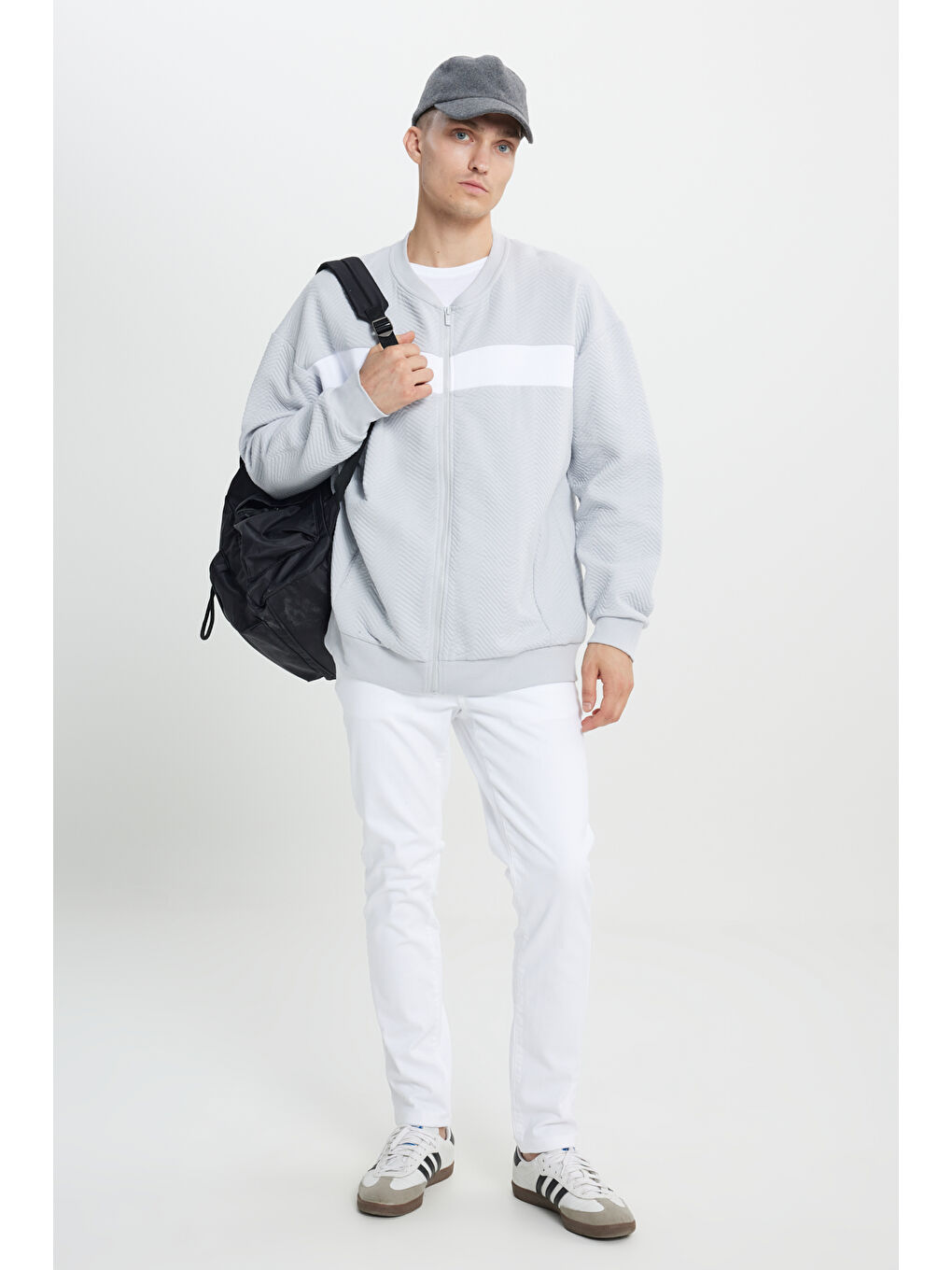 Açık Gri Oversize Bol Kesim Kolej Yaka Desenli Erkek Fermuarlı Sweatshirt Hırka-1