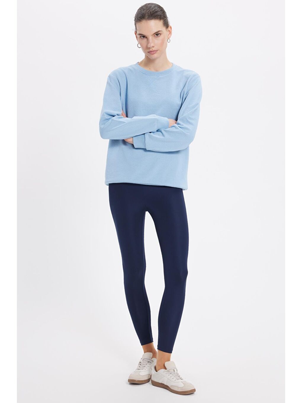 Kadın Oversize Geniş Kesim %100 Pamuk 3 İplik Basic Bisiklet Yaka Mavi Sweatshirt-3