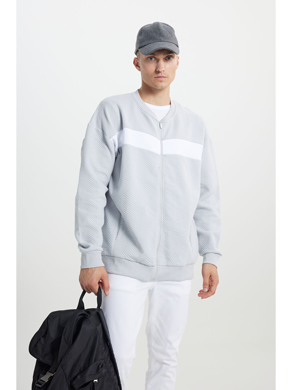 Açık Gri Oversize Bol Kesim Kolej Yaka Desenli Erkek Fermuarlı Sweatshirt Hırka-2