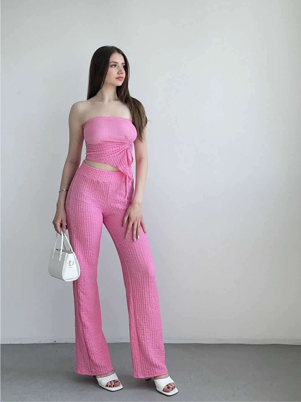 Kadın Pembe Beli Lastilkli Gofre Kumaş Pantolon HZL24S-ZK13261-3