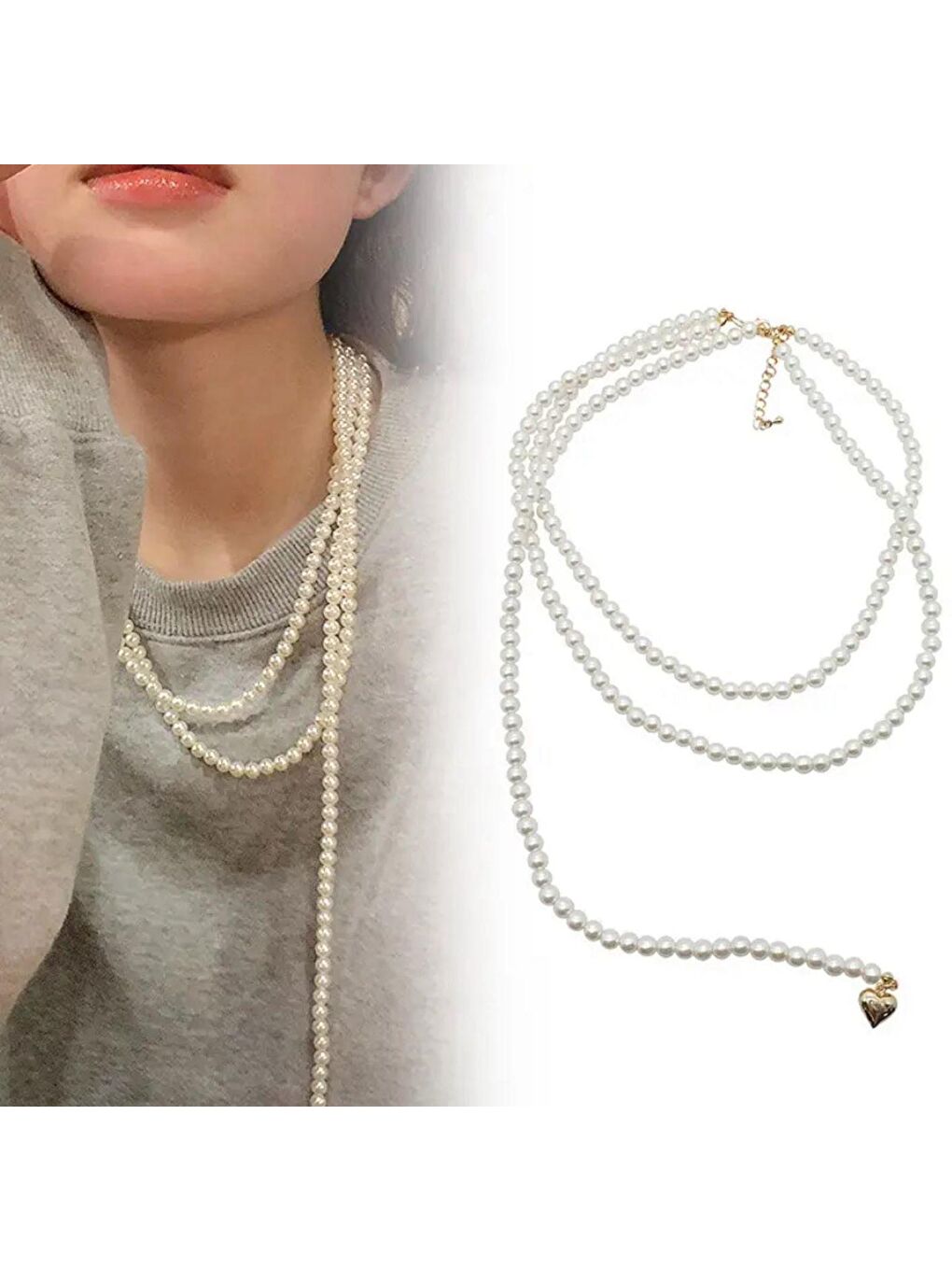 Beyaz Spor Model İncili Kalp Tasarım Kolye-1