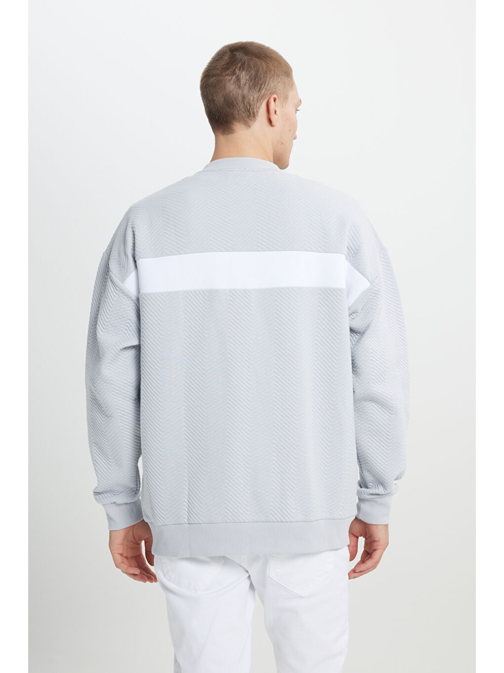 Açık Gri Oversize Bol Kesim Kolej Yaka Desenli Erkek Fermuarlı Sweatshirt Hırka-5