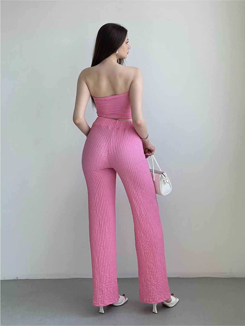 Kadın Pembe Beli Lastilkli Gofre Kumaş Pantolon HZL24S-ZK13261-4