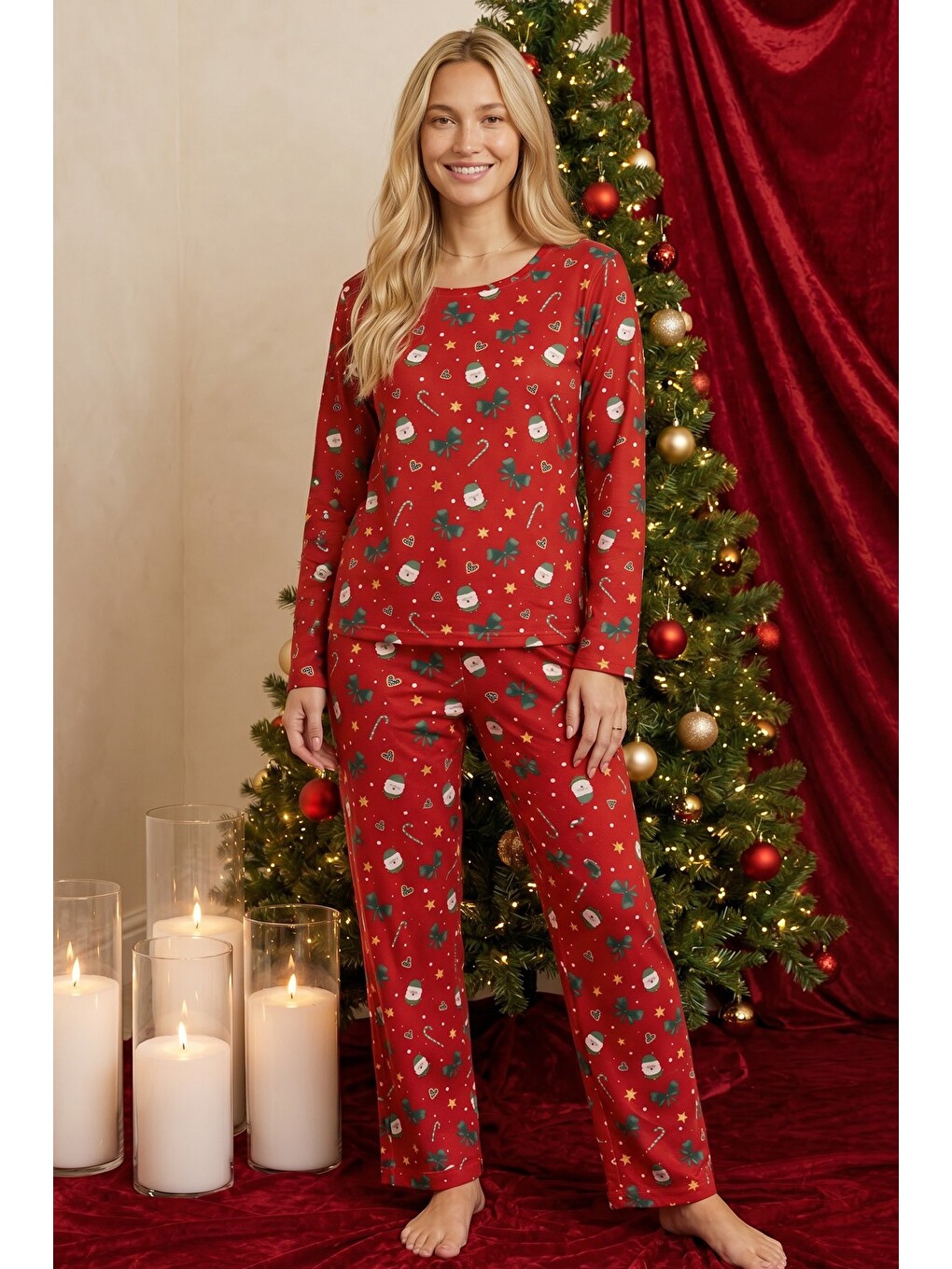 Kırmızı Yılbaşı Temalı Desenli Termal Kumaşlı Ultra Soft Yumuşak Örme Pijama Takımı-1