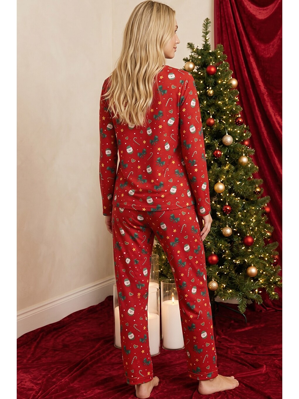 Kırmızı Yılbaşı Temalı Desenli Termal Kumaşlı Ultra Soft Yumuşak Örme Pijama Takımı-2