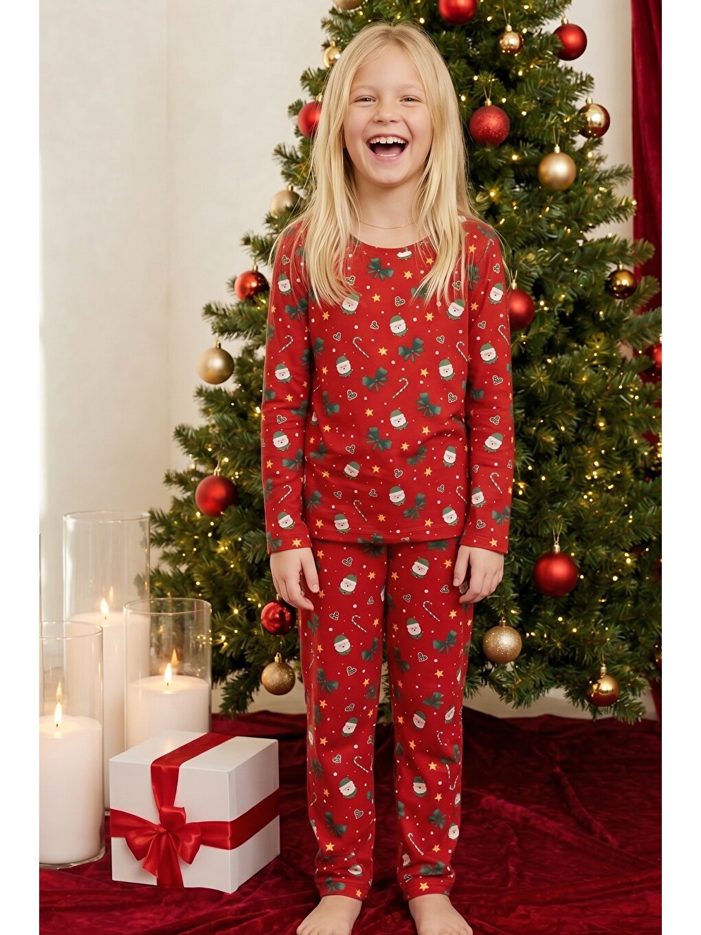 Kırmızı Yılbaşı Temalı Desenli Termal Kumaşlı Ultra Soft Yumuşak Örme Pijama Takımı-3