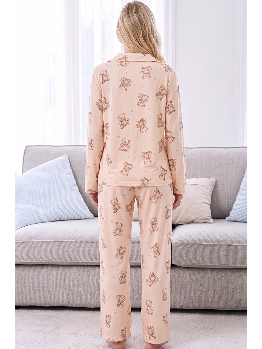 Ekru Krem Desenli Termal Kumaşlı Ultra Soft Yumuşak Düğmeli Örme Pijama Takımı-2
