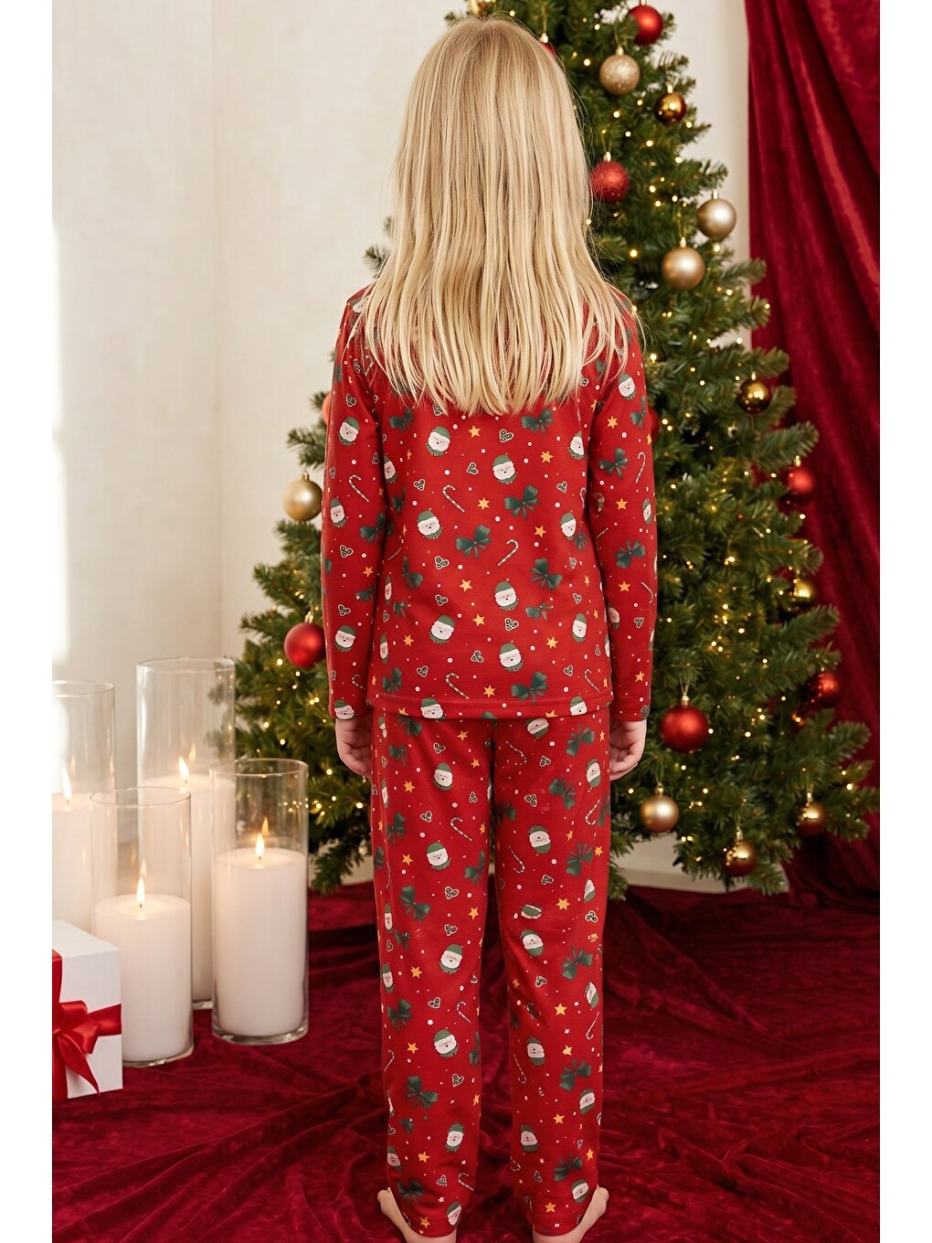 Kırmızı Yılbaşı Temalı Desenli Termal Kumaşlı Ultra Soft Yumuşak Örme Pijama Takımı-4