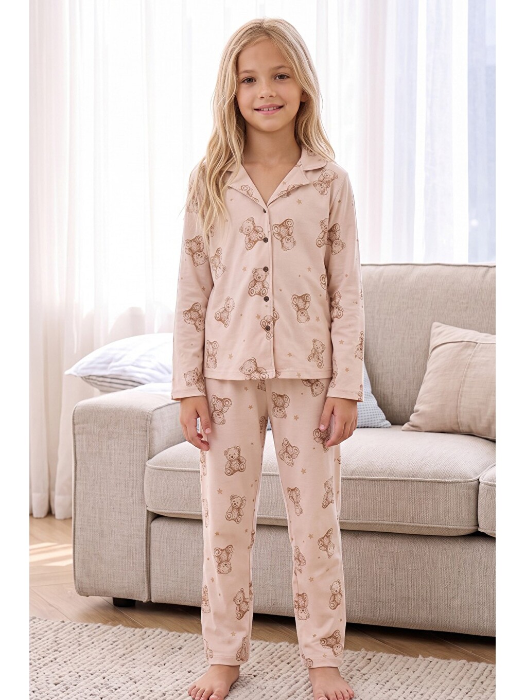 Ekru Krem Desenli Termal Kumaşlı Ultra Soft Yumuşak Düğmeli Örme Pijama Takımı-3