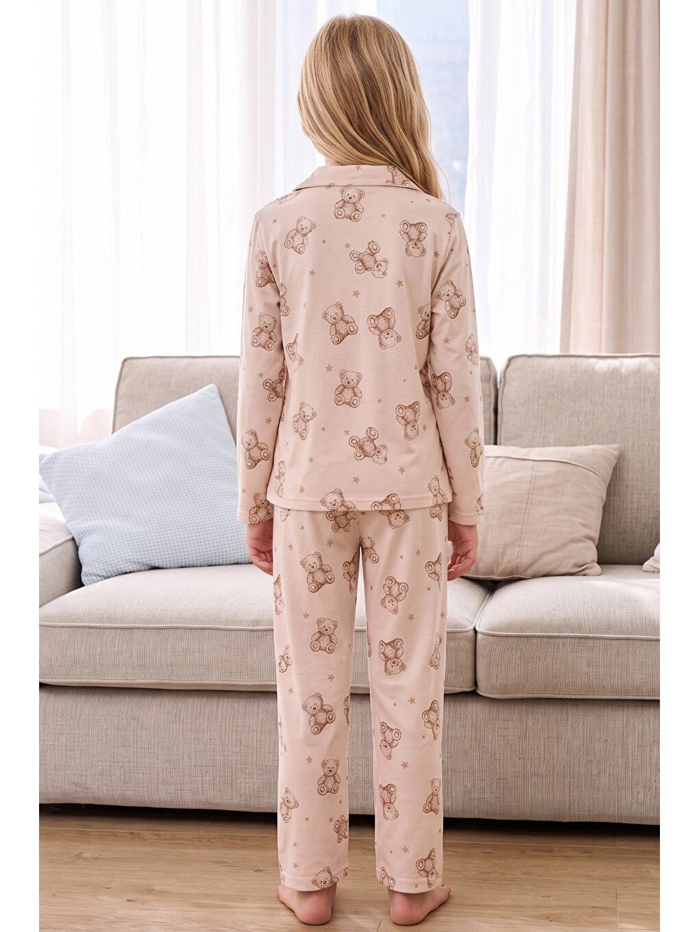 Ekru Krem Desenli Termal Kumaşlı Ultra Soft Yumuşak Düğmeli Örme Pijama Takımı-4