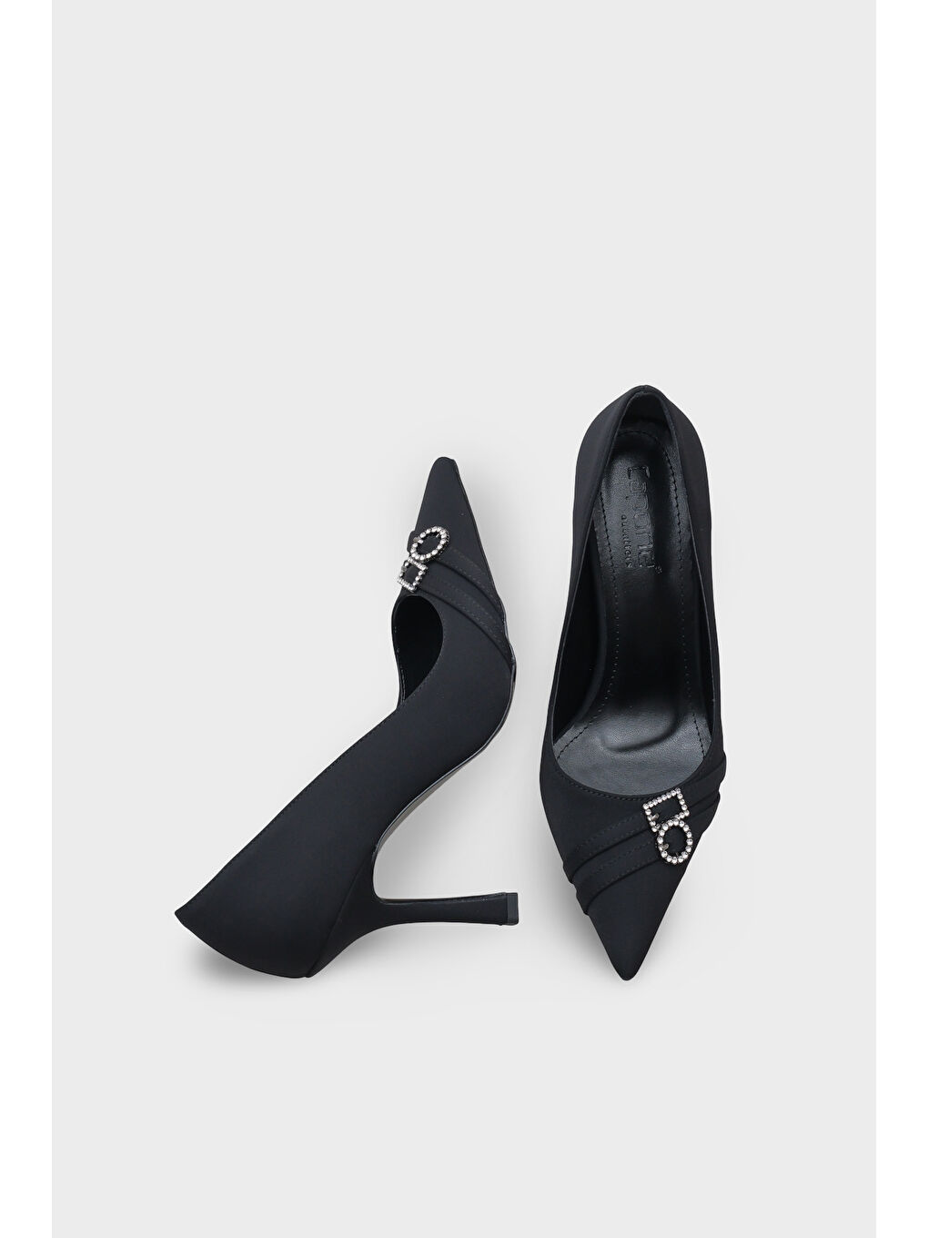 Siyah Karyl Yüksek Topuklu Taşlı Tokalı Saten Stiletto-4
