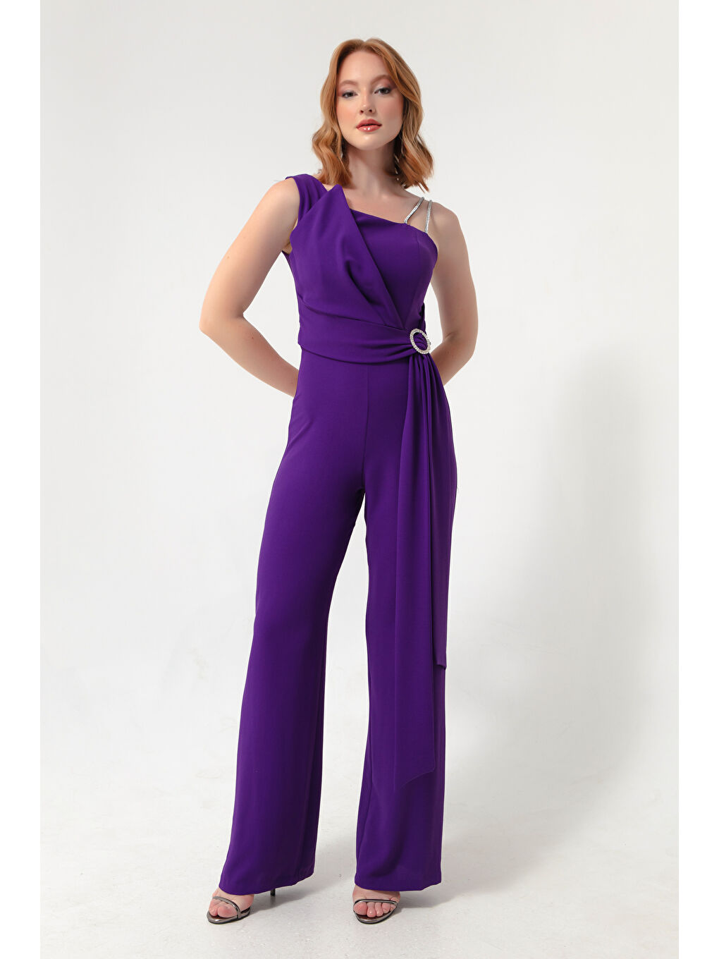 Kadın Mor Tek Omuz Taşlı Abiye Tulum-1