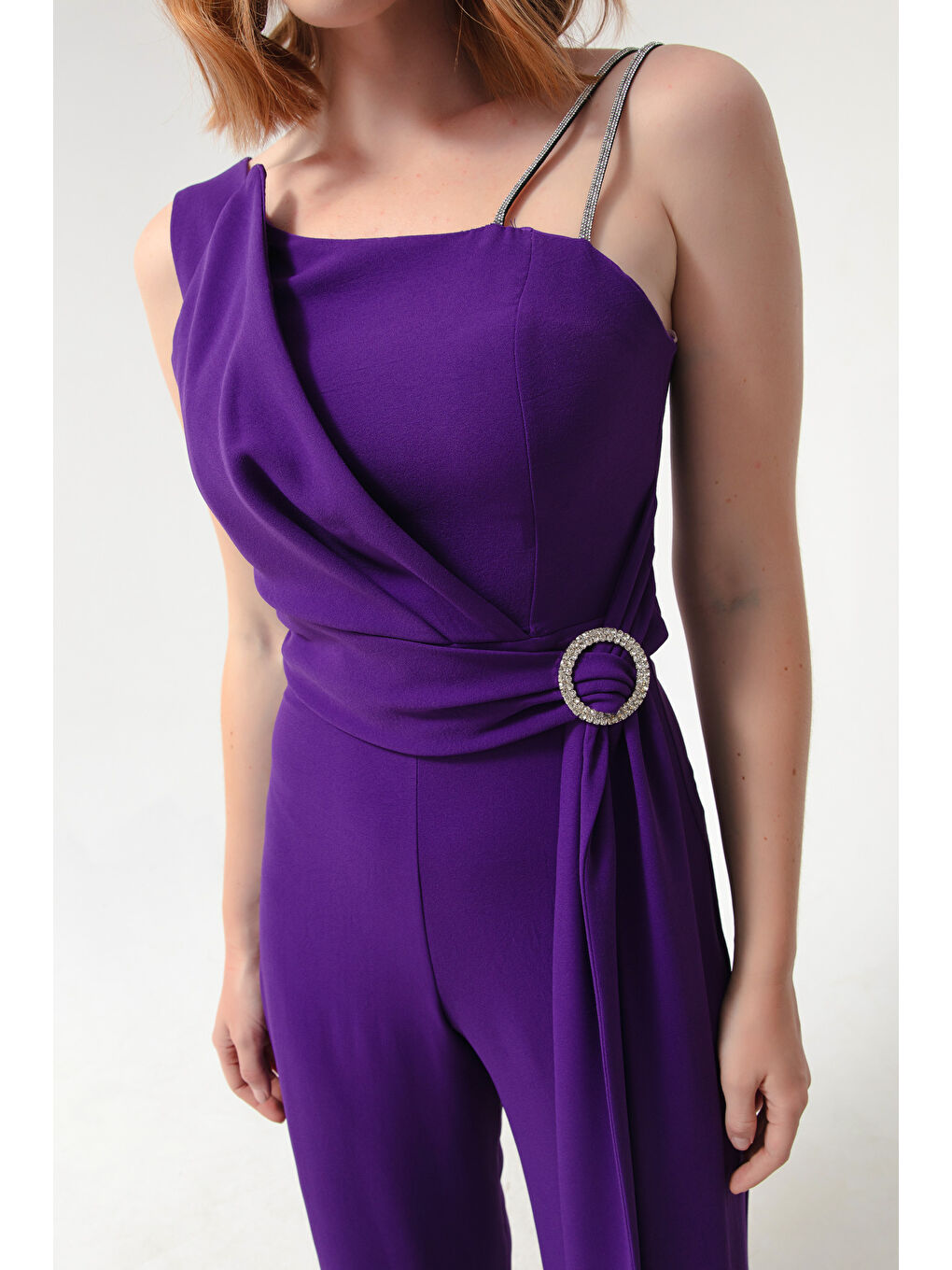 Kadın Mor Tek Omuz Taşlı Abiye Tulum-3