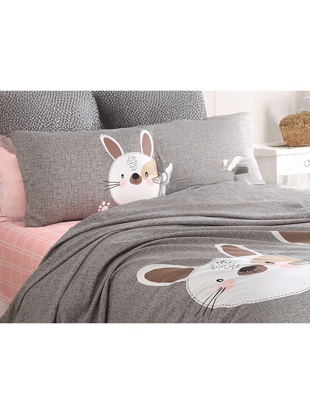 Kahverengi Pike Seti Baskılı Tek Kişilik Tavşancık A.Kahve-Gri-Pembe-2