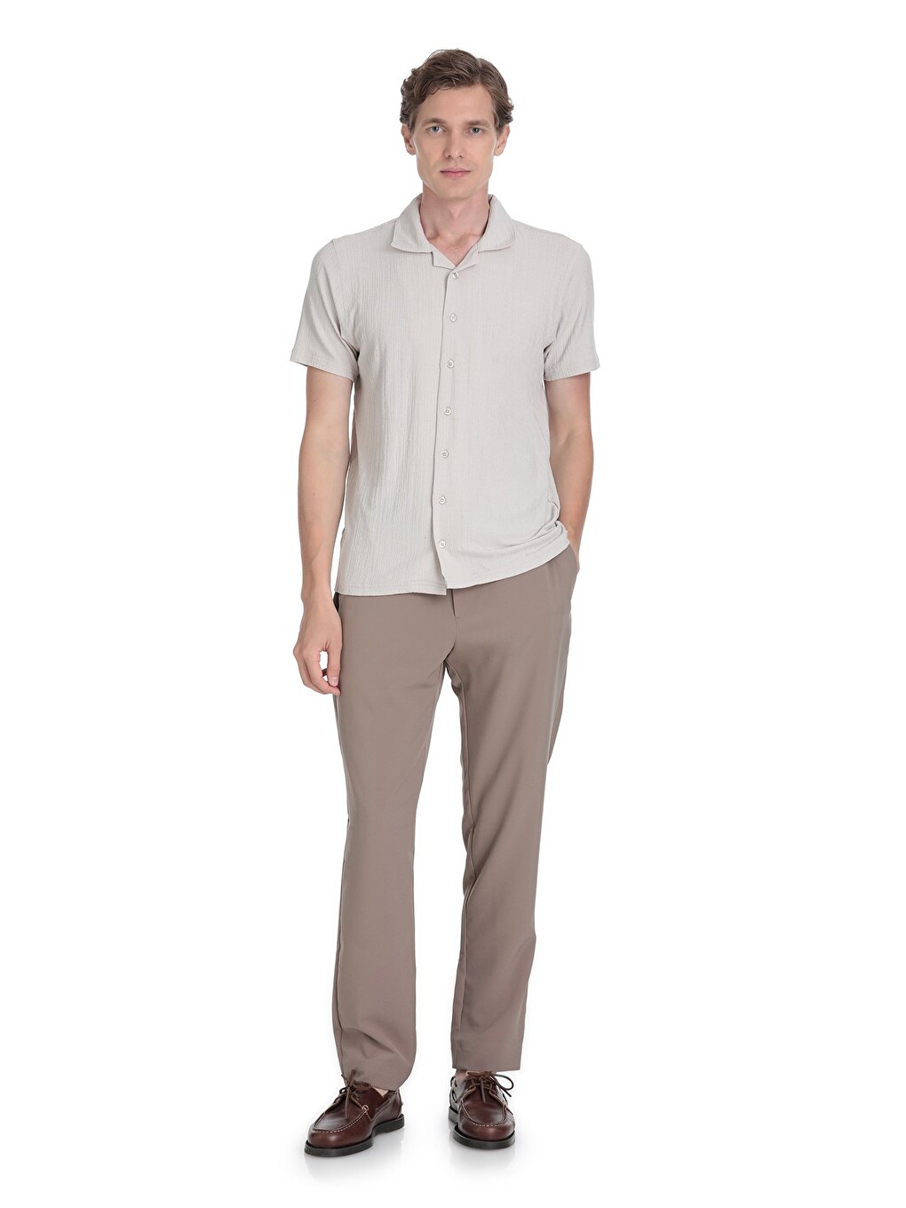 Ekru Regular Fit Apaş Yaka Gömlek-1