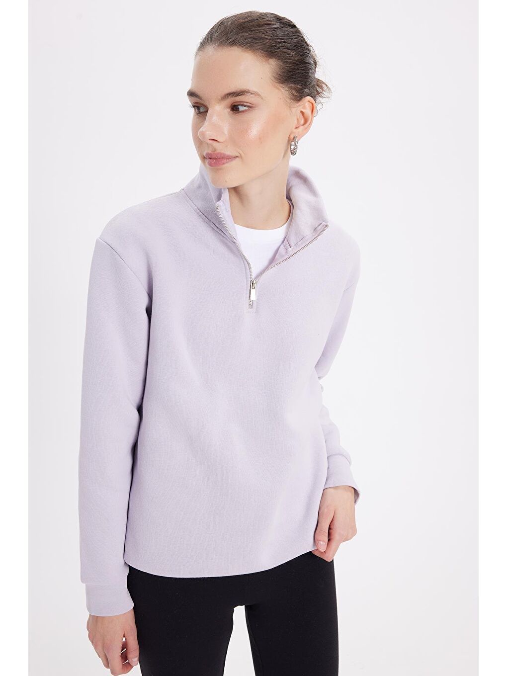 Kadın Relax Fit Rahat Kesim Pamuklu İçi Polarlı Yarım Fermuarlı Lila Dik Yaka Sweatshirt-4