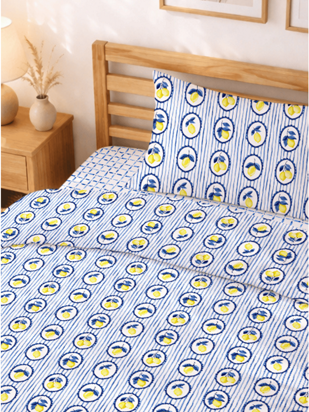 Tek Kişilik Pamuklu Mavi Beyaz Çizgili Limon Desenli Nevresim Takımı 160x220 cm (Çarşafsız-1