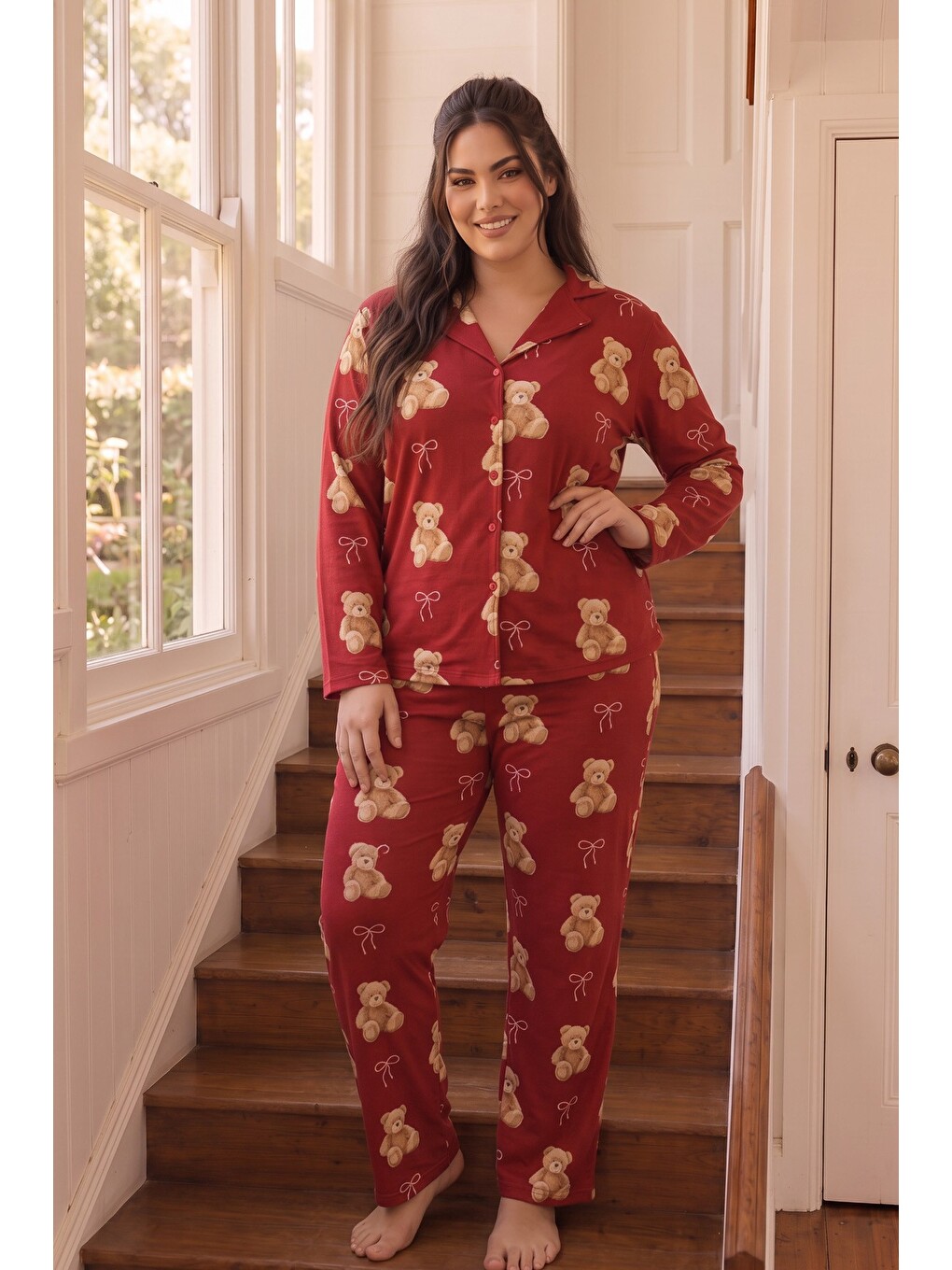 Kırmızı Desenli Termal Kumaşlı Ultra Soft Yumuşak Büyük Beden Battal Boy Düğmeli Örme Pijama Takımı-1